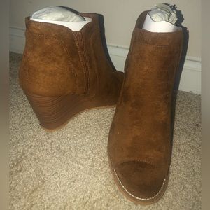 Brown Suede Open Toe Wooden Wedge Booties